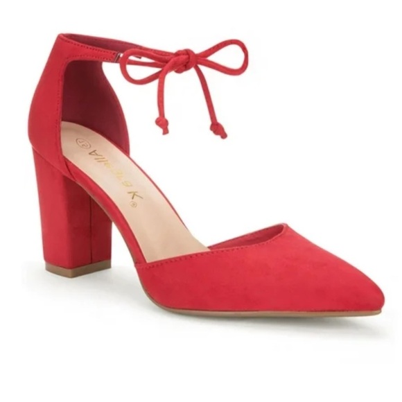 Women's size9 Red Ankle Tie Block Heel Pointed Toe Dress Pumps -faux Suede - Picture 1 of 6